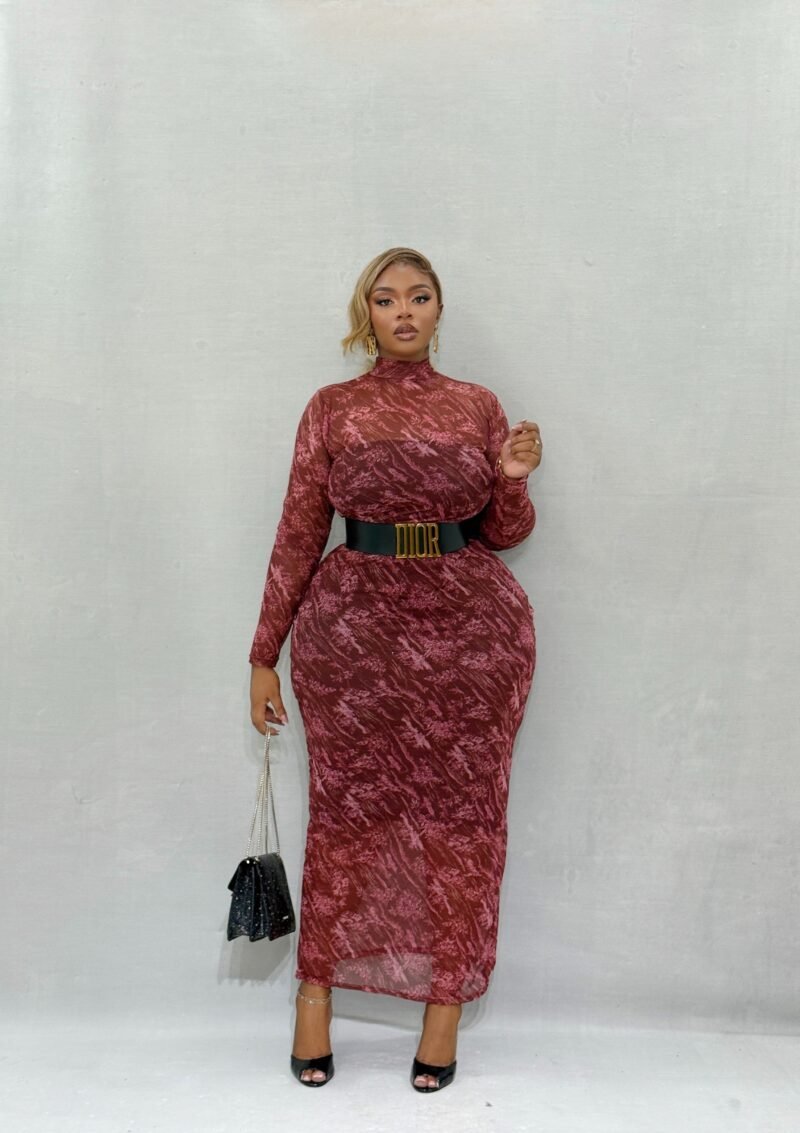 Wine Tasting Mock Neck Long Sleeve Midi Dress(WITHOUT INNER)