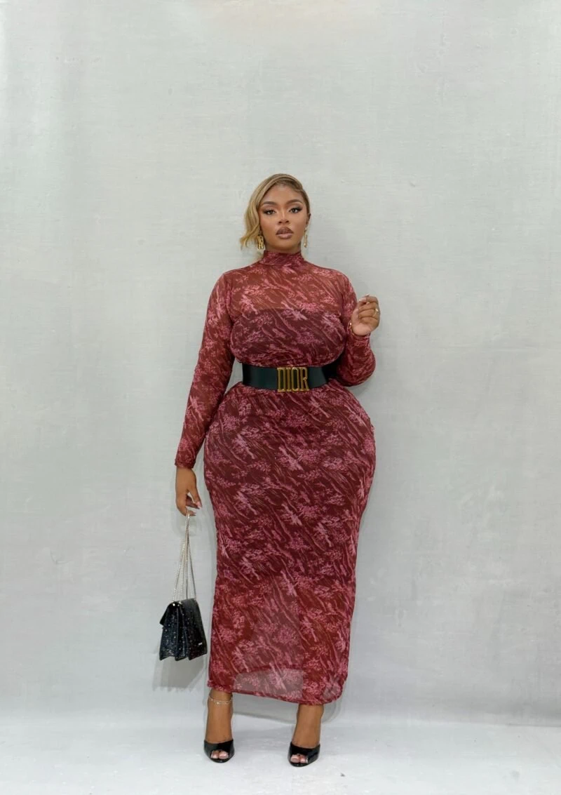 Wine Tasting Mock Neck Long Sleeve Midi Dress(WITHOUT INNER)