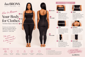 How to measure your body for clothes: a baeBRONX guide showing how to measure bust, waist, hips, shoulders, arm length, and dress length for choosing the right ready-to-wear size.